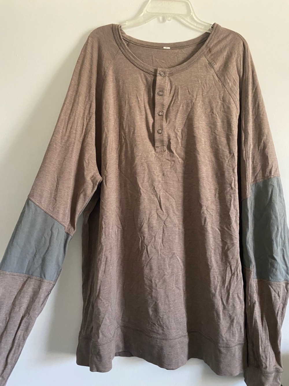 Lululemon Men's Long-Sleeve Henley Shirt in Brown with Gray Elbow Panels